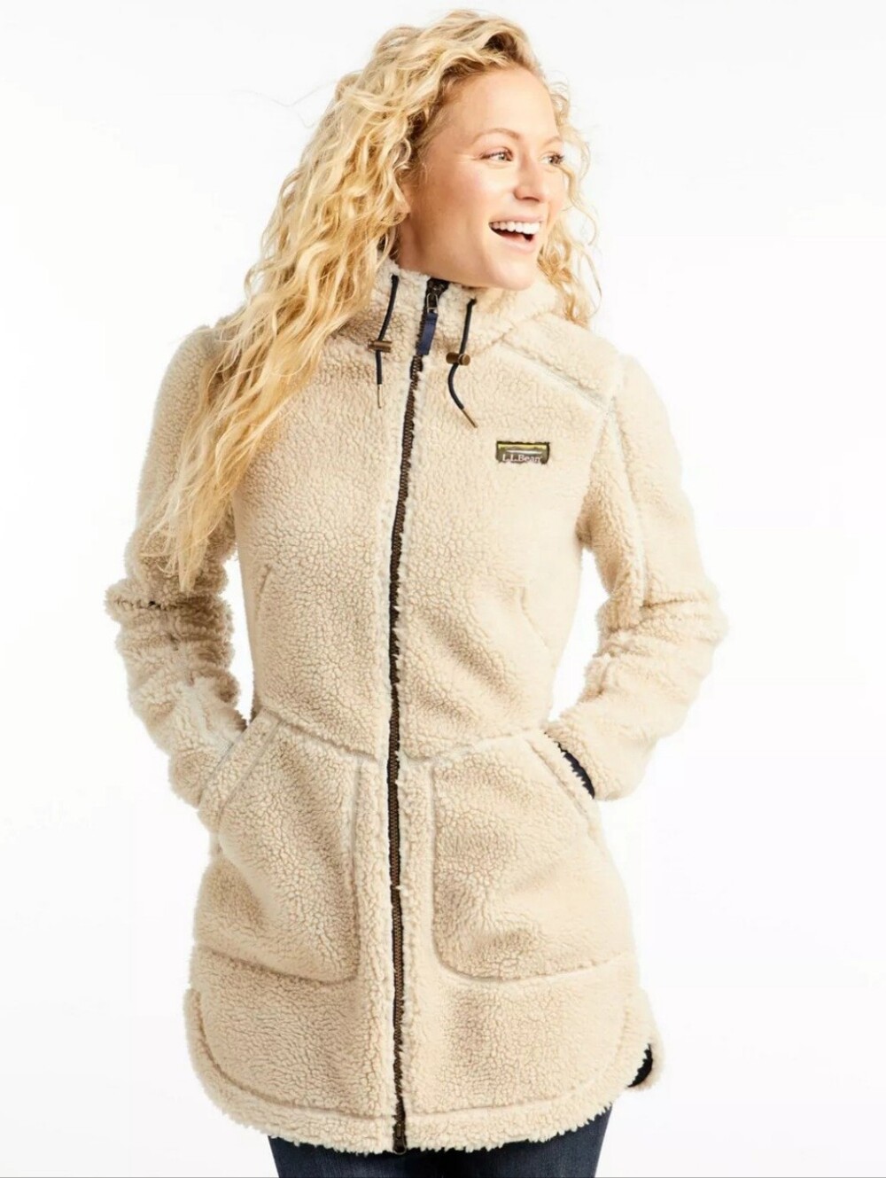 L.L. Bean Mountain Pile Cozy Fleece Cream Sherpa Zip Up Hooded Winter Coat